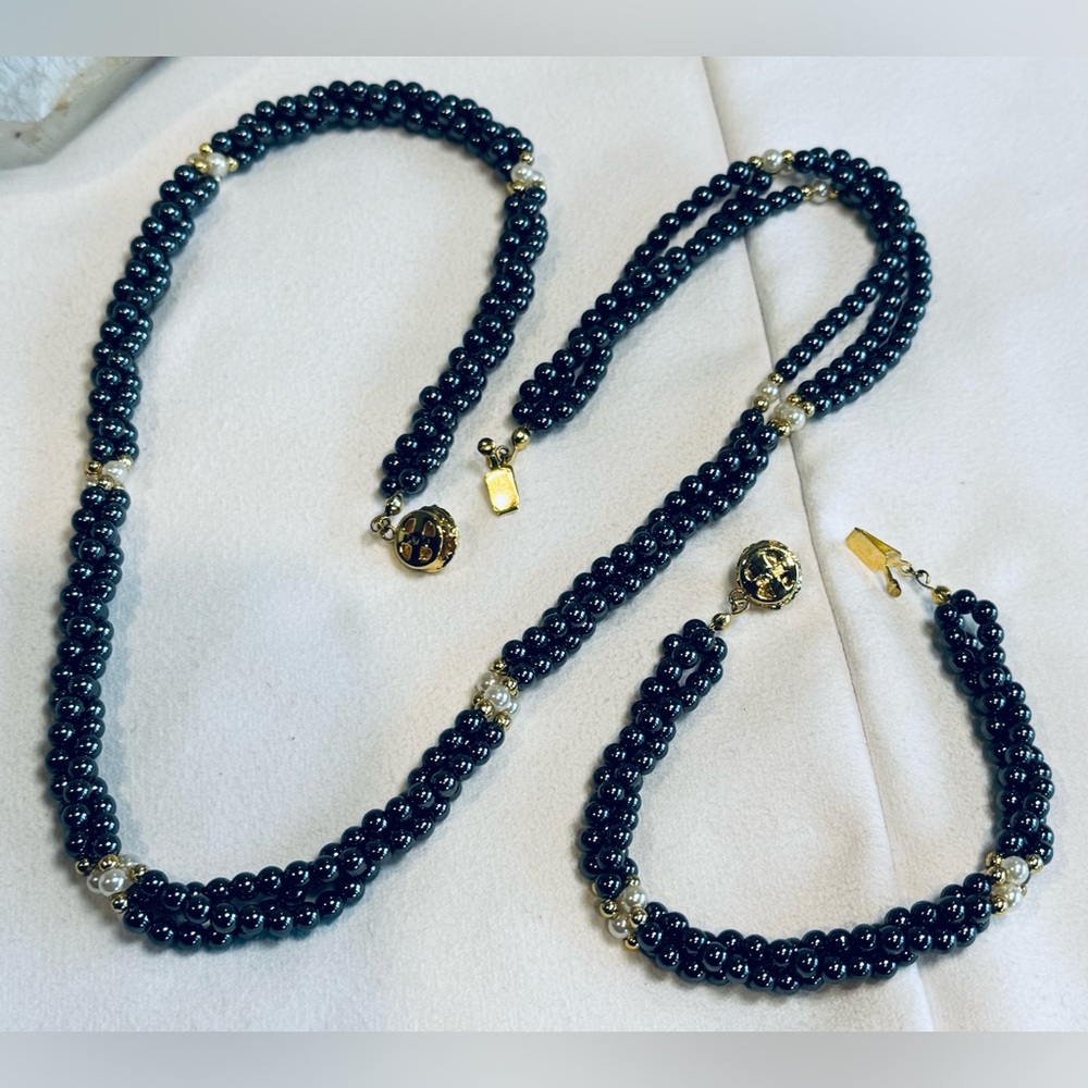Vintage Triple Rope Black Faux Pearl Necklace & Bracelet